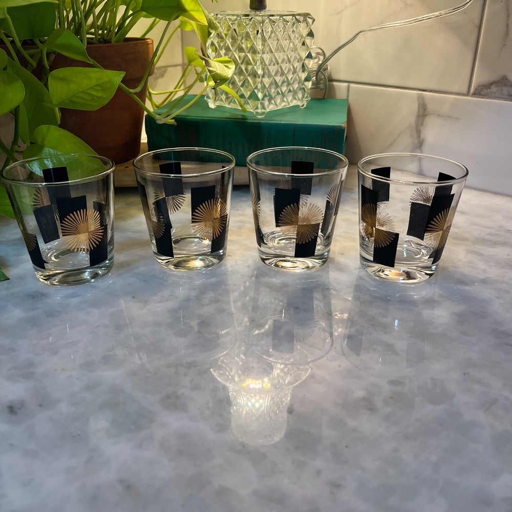 Vintage MCM Atomic Starburst Black & Gold Old Fashioned Rocks Glasses Set of 4
