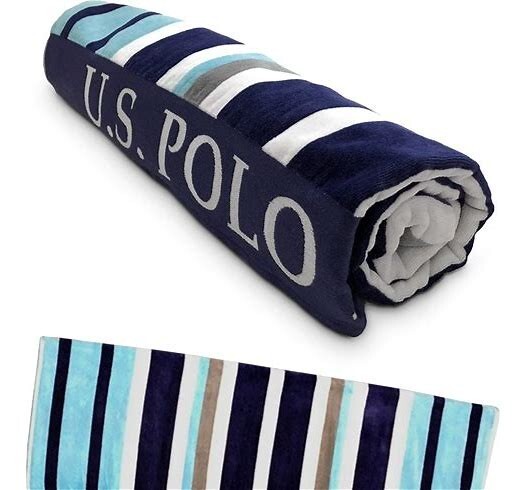 US Polo Assn Blue Gray White Cotton Sail Away Stripe Beach Towel 40x70