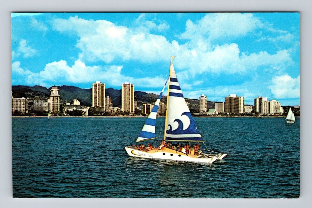 Waikiki HI-Hawaii, Catamaran Sailing On Beach, Antique, Vintage Postcard