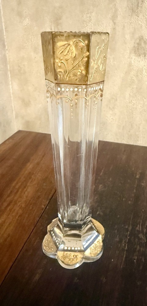 Antique Moser Bohemian Glass Gilt & Enameled Paneled Cabinet Vase 6”
