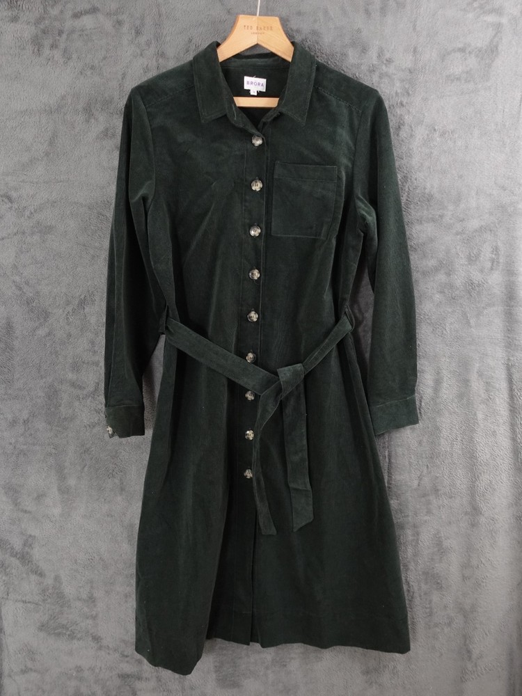 Brora Midi Shirt Dress Womens UK 14 Green Pincord Belted Chore Pocket Corduroy