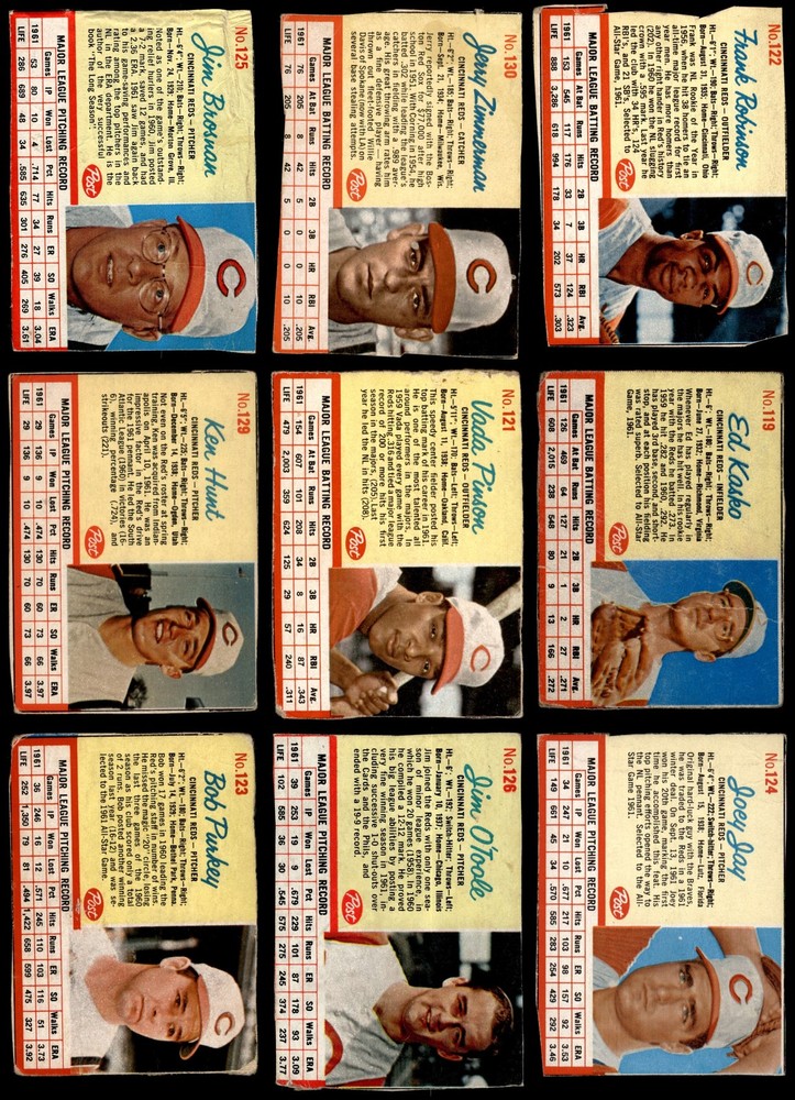 1962 Post Cereal Reds Near Team Set 1.5 - FAIR 7209178 (12 / 15 cards)
