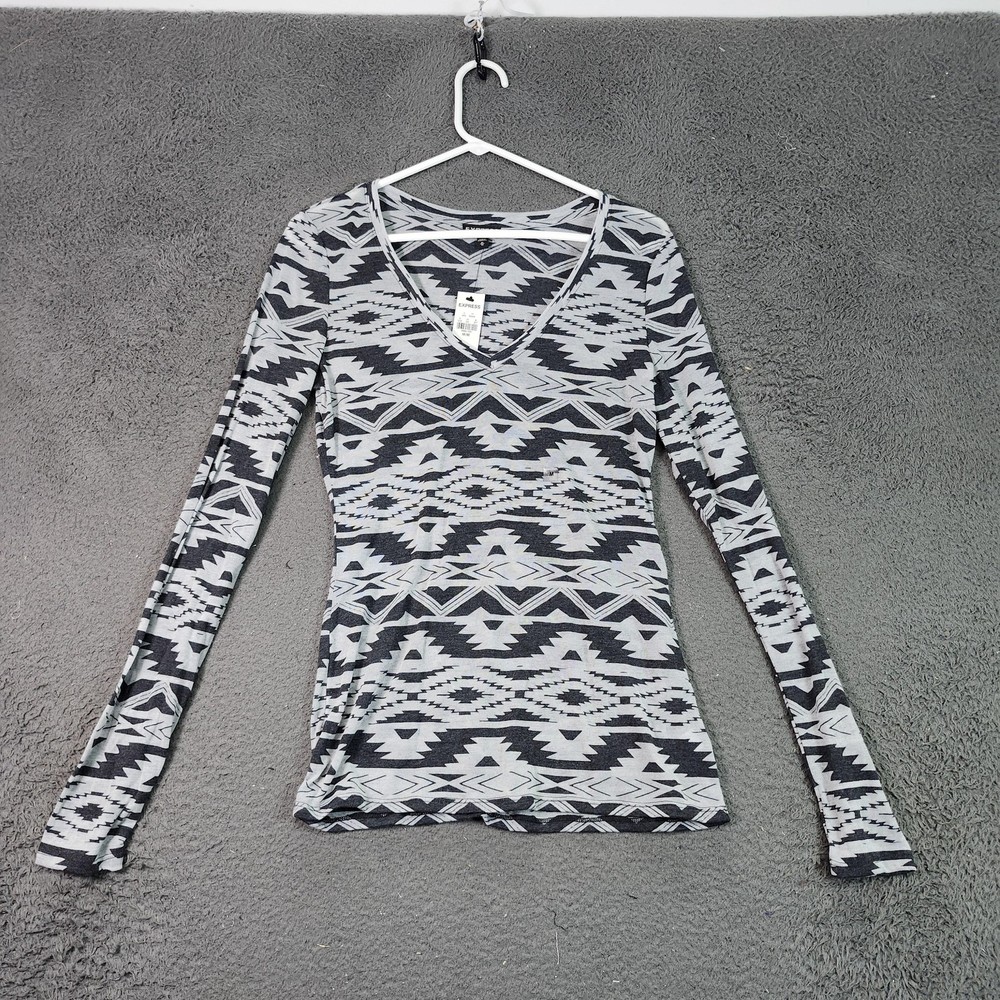 Express Shirt Womens Medium Gray Aztec Geometric V Neck Long Sleeve Tee Top