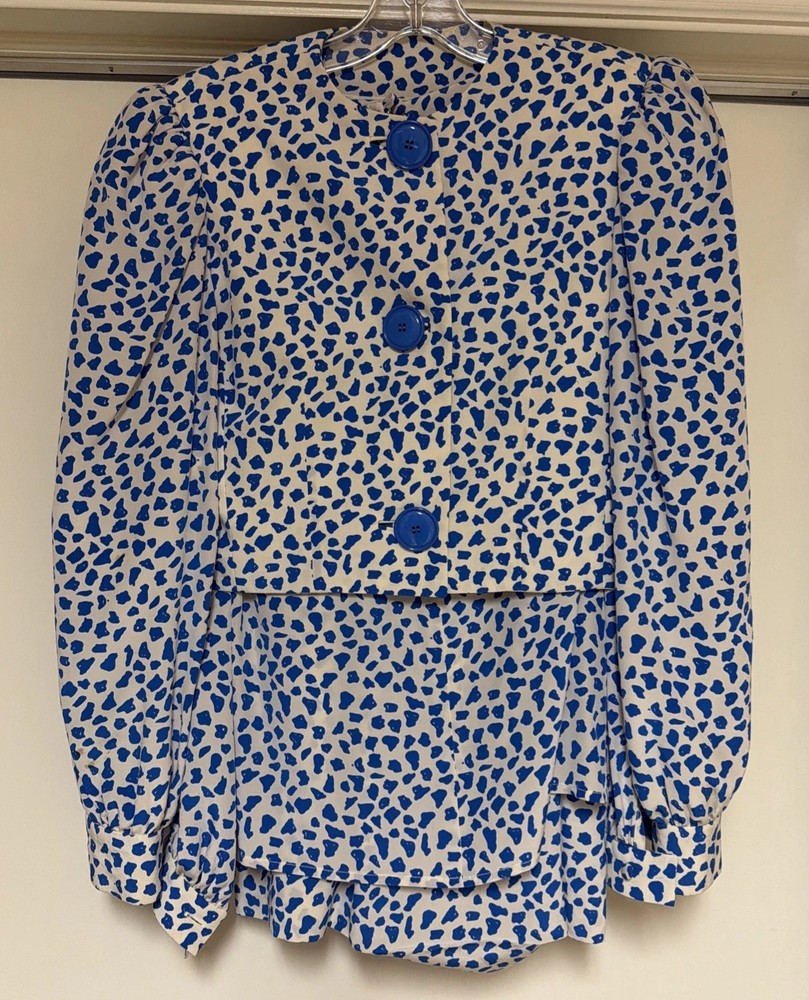 Vintage 1980s DAVID HAYES Blue/White Silk Ensemble: Jacket, Skirt, Blouse, Scarf