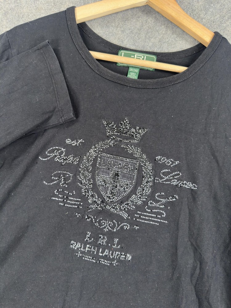Lauren Ralph Lauren Shirt Womens 2X Black Rhinestone Crest Long Sleeve Tee