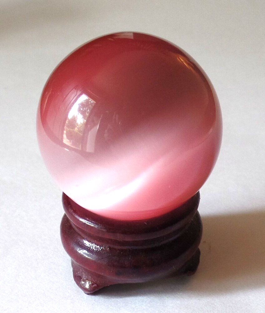 Vintage Beautiful Small Rose Quartz Glass Sphere on Wooden Base