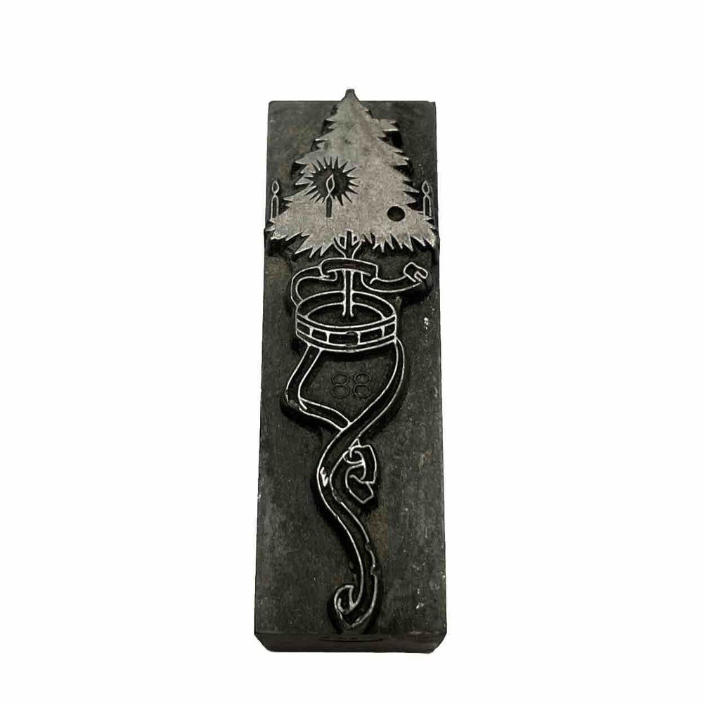 Christmas Tree with Lights and Ribbon Original Vintage Printing Press Block