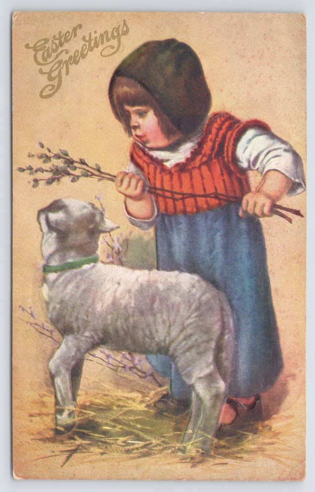 Holiday~Girl & Sheep On Hay & Easter Greeting~Vintage Postcard