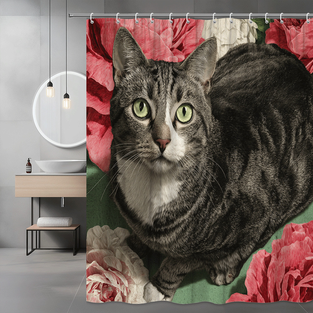 Cat Floral Shower Curtain, Tabby Cat Print with Pink Flowers