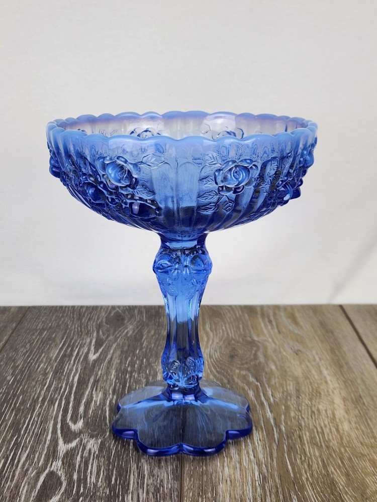Fenton Blue Opalescent Glass Cabbage Rose Pedestal Dish - Vintage Home Accents