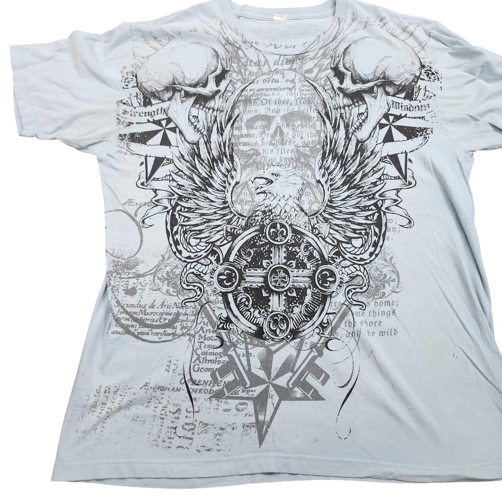 Y2K Skull Eagle Shirt Mens Large Blue Gothic Cross Graphic Tee Slim Fit Allover