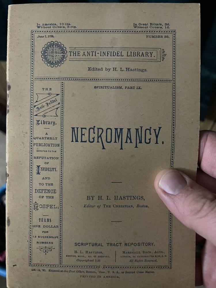 VINTAGE 1893 H.L. Hastings Necromancy spiritualism AND Watchtower interest