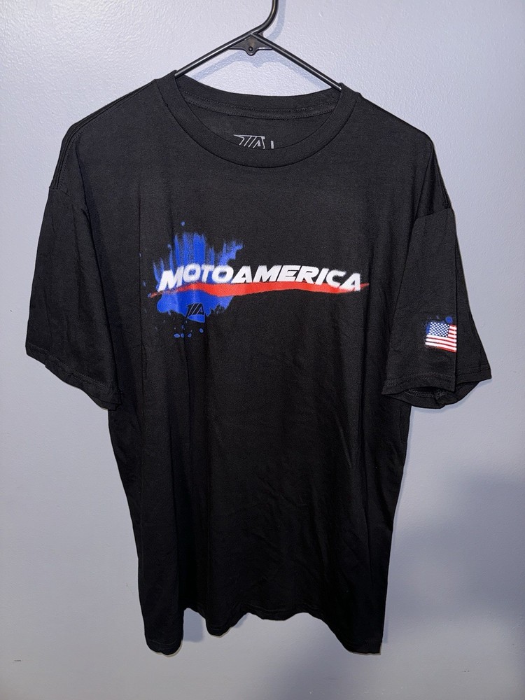 MotoAmerica Shirt Men's Large Black Moto GP Motorcycle Racing USA Red White Blue