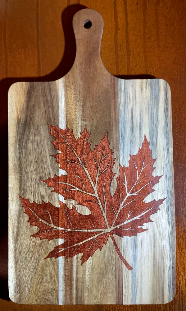 Acacia Wood Charcuterie, cutting Board - Engraved Maple Leaf with epoxy fill.-image