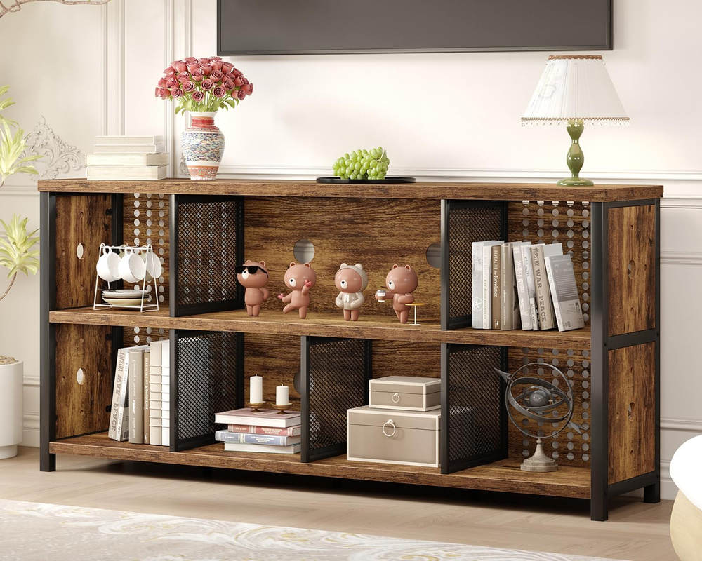 LVB Rustic Horizontal Bookshelf, Industrial Bookcase Cube Storage Organizer, Wid
