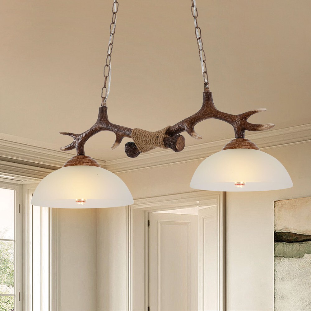 Rustic Antler Chandelier 2-Light Farmhouse Pendant for Kitchen Island or Dining Room