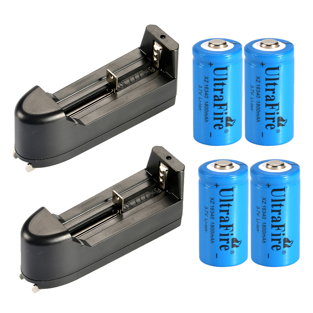 4pcs 16340 3.7v Ultrafire 1800mAH Rechargeable Battery Cell +2pc Charger