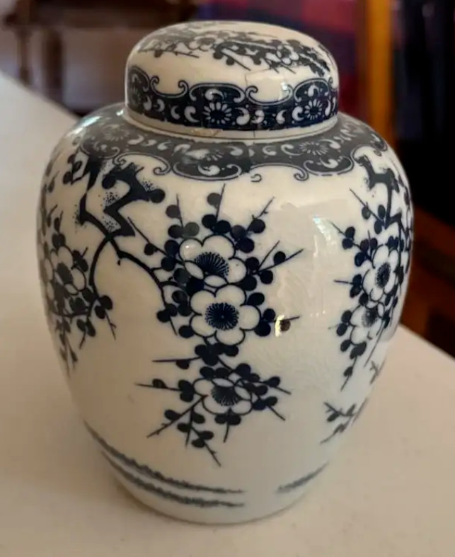 Vintage Japanese Blue and White Prunus Blossom Porcelain Ginger Jar