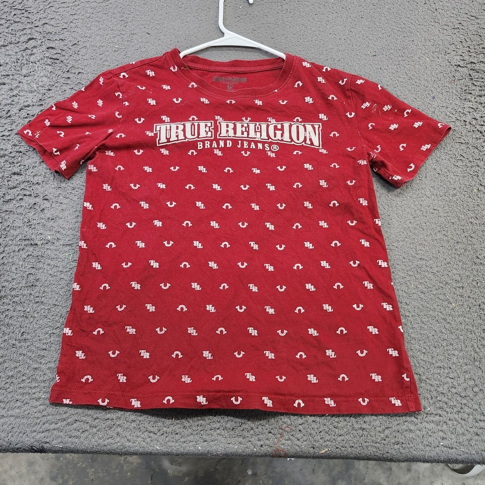 True Religion Shirt Mens Large Red Allover Logo Graphic Tee Tagless Designer