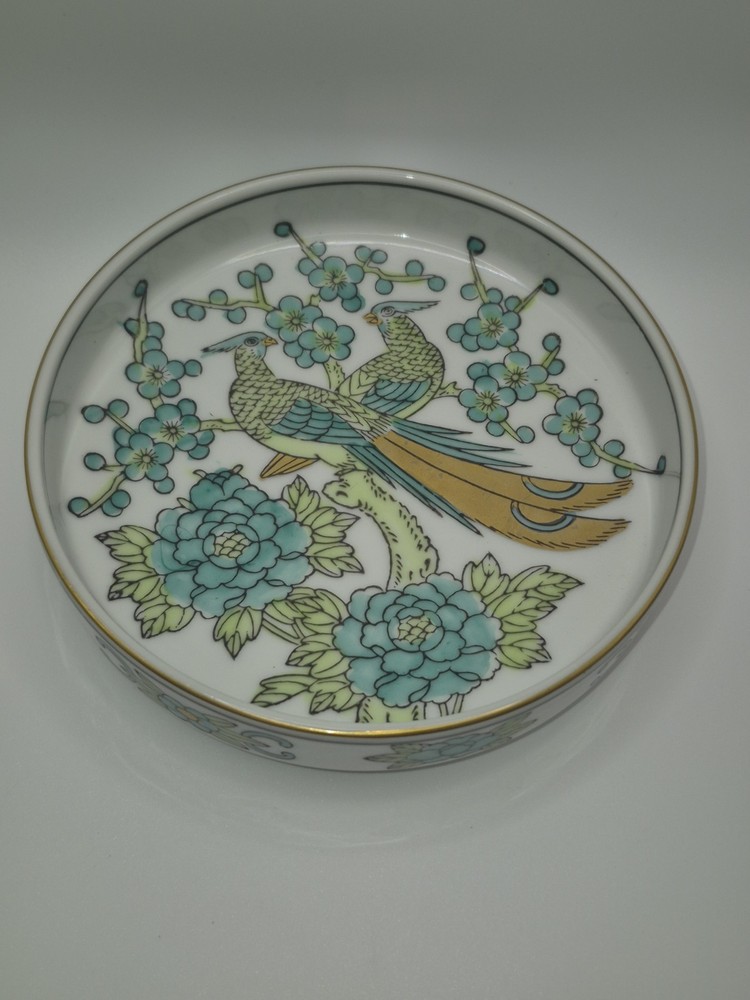 VTG Japanese IMARI Blue Green Gold Gilt Peacock Hand Painted Trinket Dish Bowl