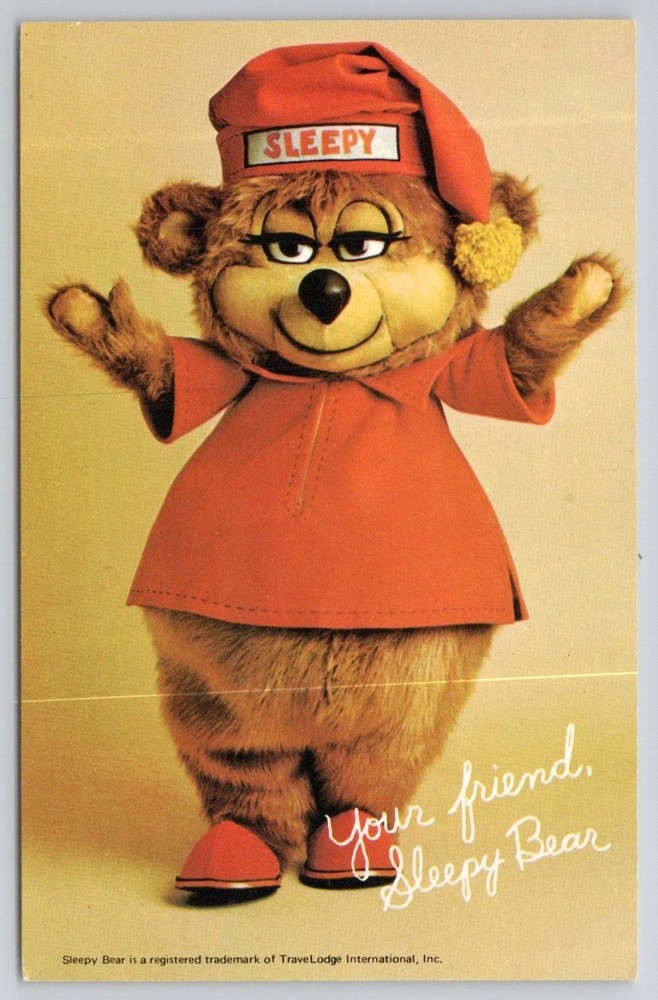 Vintage Sleepy Bear Travelodge Mascot Postcard Hotel Advertising Chrome