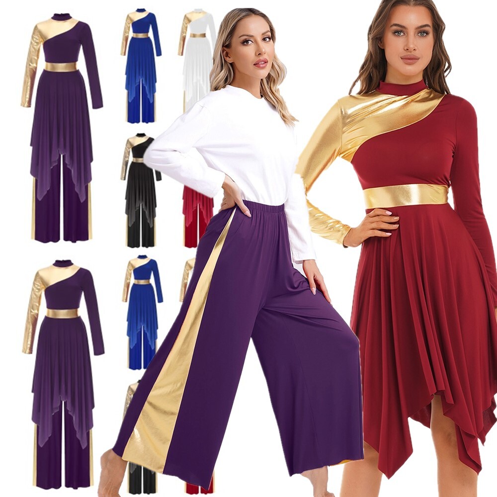 Womens Liturgical Dance Outfit Asymmetrical Long Dress with Wide Leg Pants Dress