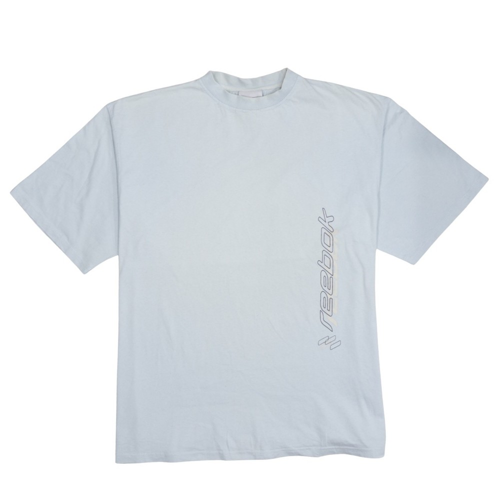 Reebok Mens T Shirt Light Blue Vertical Graphic Logo Relaxed Fit Oversized L