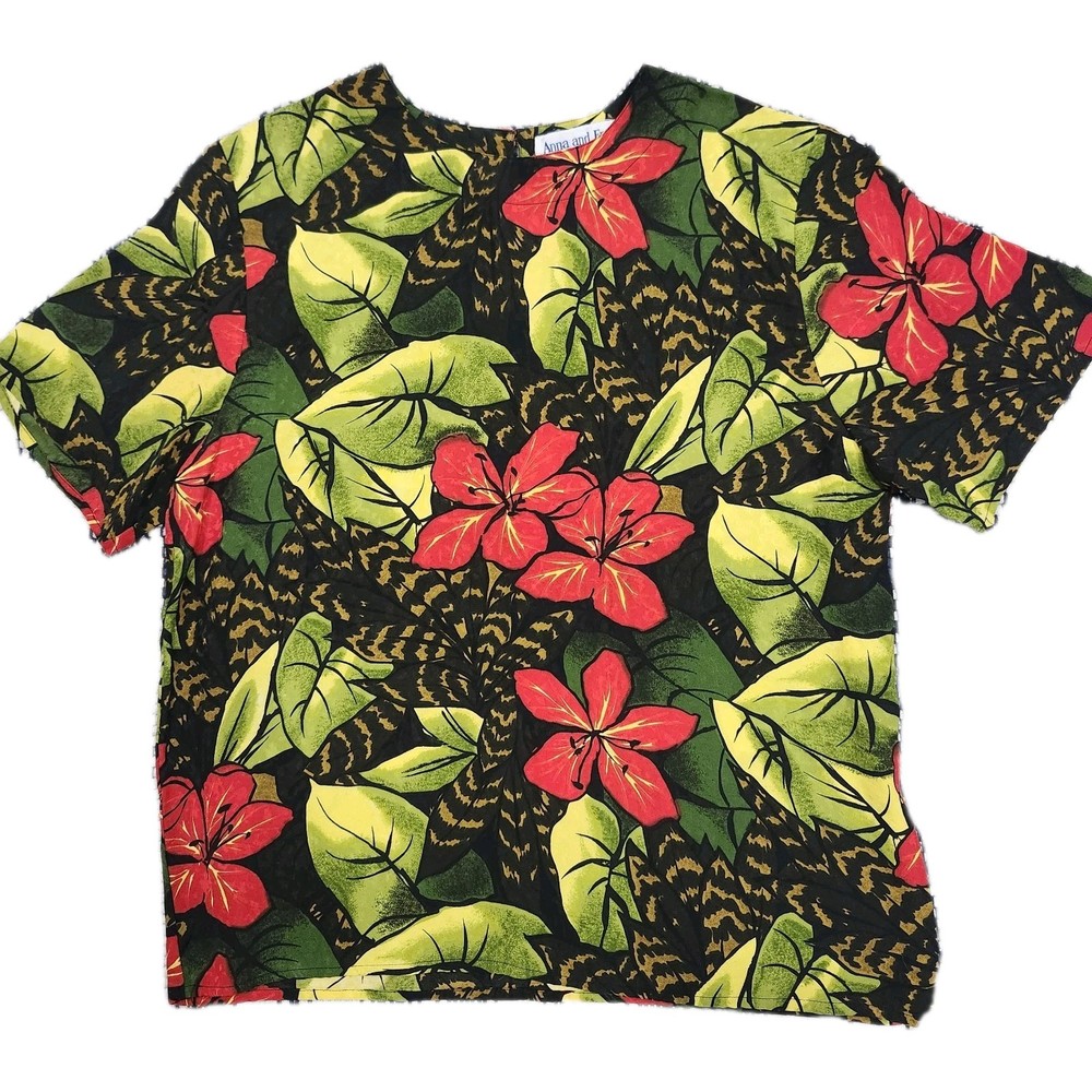 Anna and Frank 100% Silk Blouse Womens S Vintage 90s Tropical Floral Top