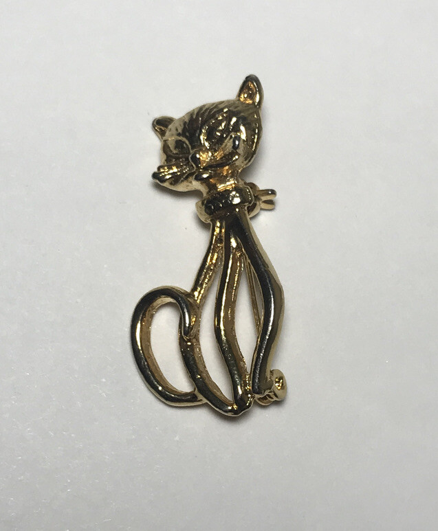 Vintage Gold Tone Enamel Openwork Cat Brooch Pin
