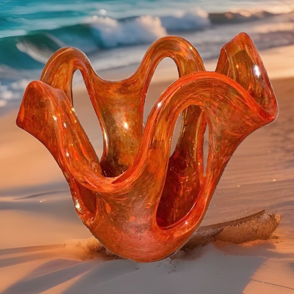 Art Glass Orange Specked Pull - Up with Holes Glass Vase Mid-century Abstract-image