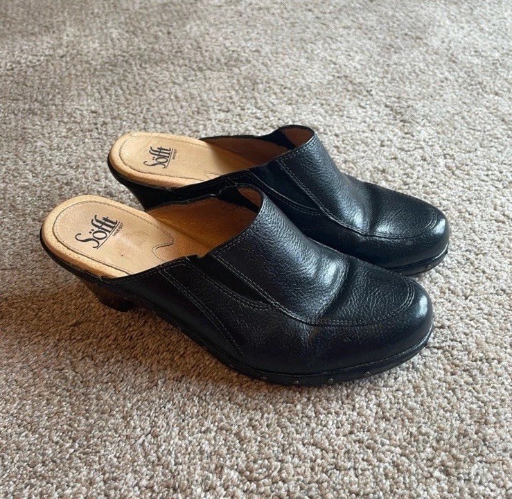 Sofft Black Leather Mule Clogs Size 8.5 Slip On 2.75in Heel Comfort Shoes Women