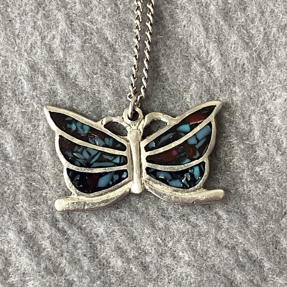 Vintage Sterling Silver Butterfly Turquoise Inlay  Necklace 26”