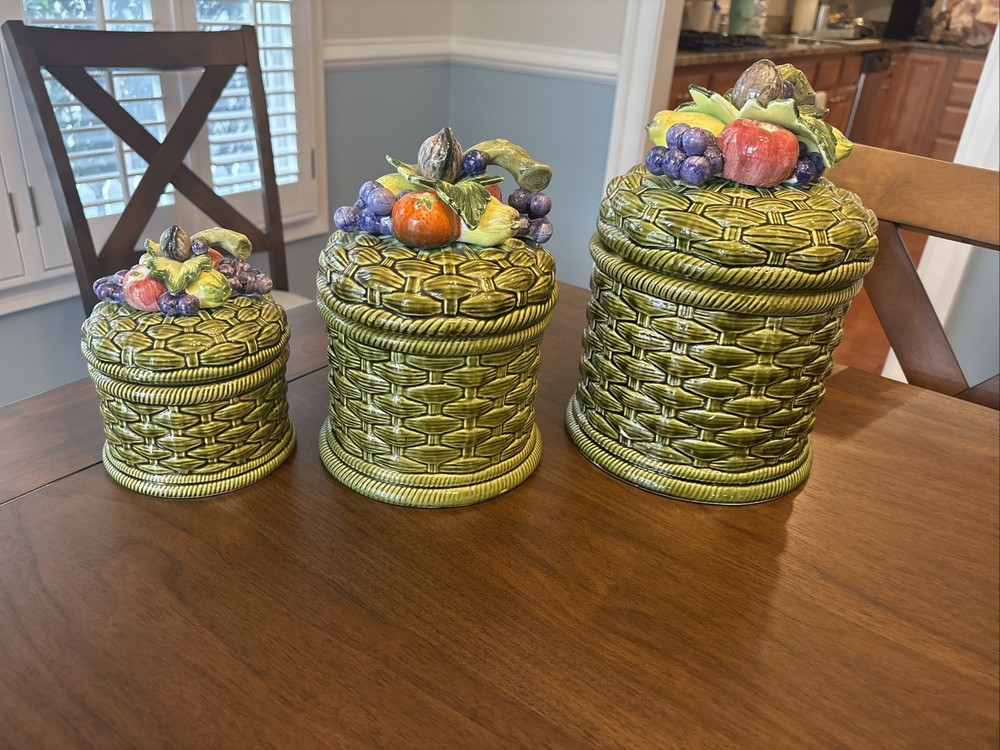 VTG California Originals (2650) 70s Ceramic Fruit Basket Green Canister Set of 3