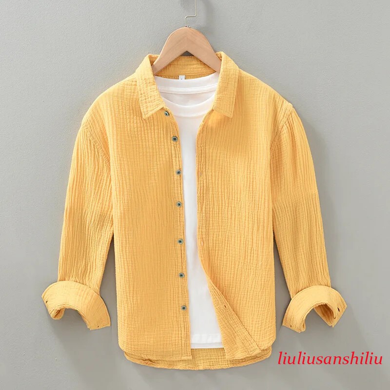 Men's Casual Crinkled Double Gauze Long Sleeve Shirt for Men Cotton Yarn Soft