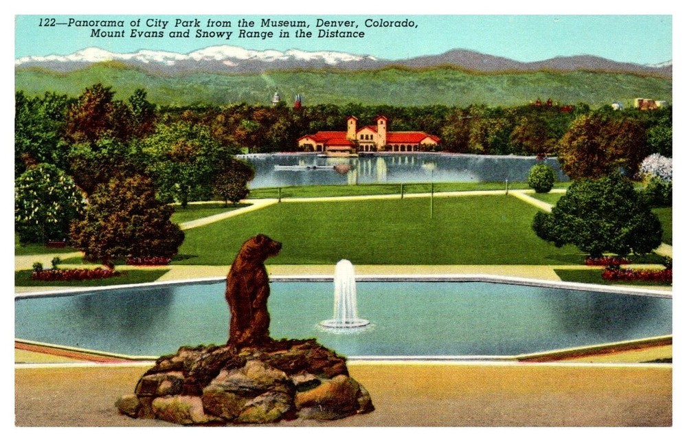 1946 Bear Statue at City Park Panorama Denver Colorado Vintage Postcard