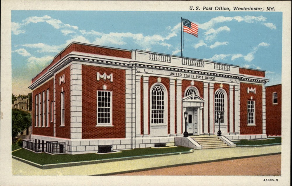 Post Office Westminster Maryland flag architecture ~ 1930s vintage postcard