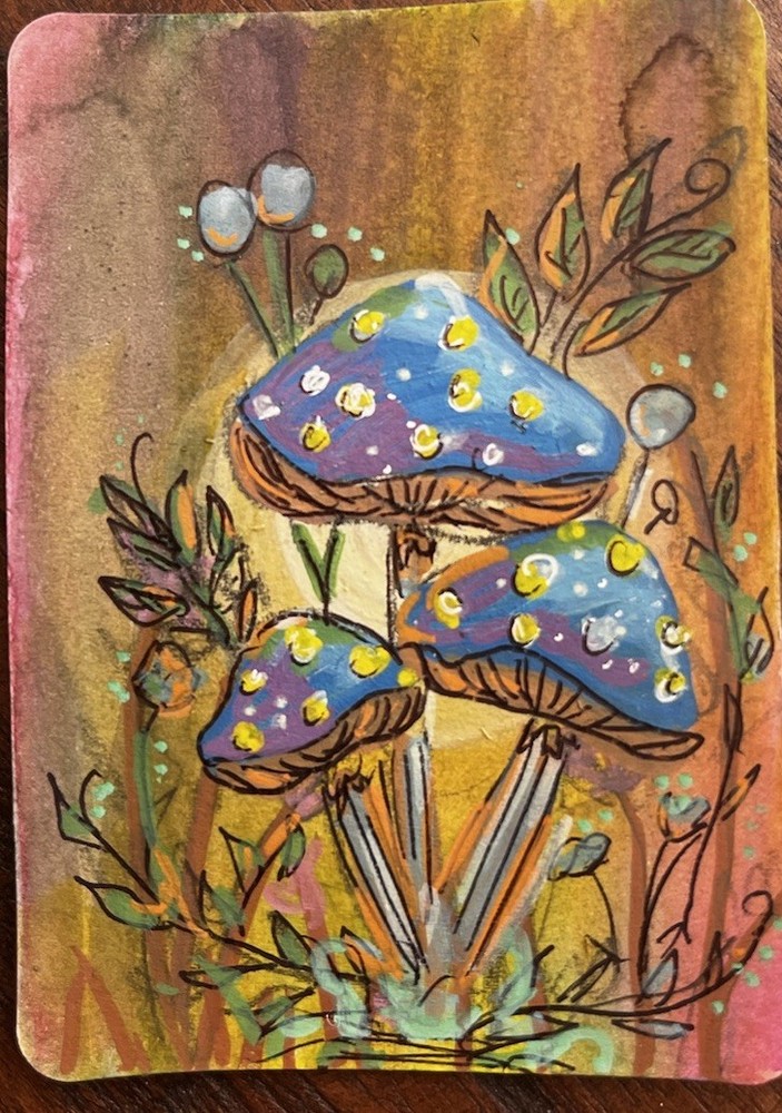 ACEO Original Mushroom Forest Painting ACT OOAK Cottagecore Art (2.5x3.5)