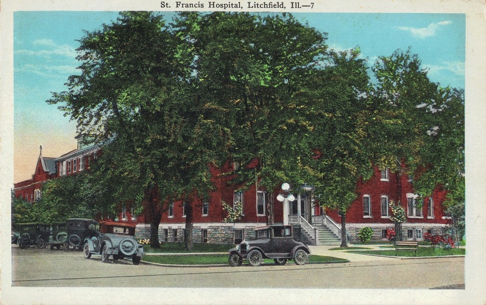 Litchfield IL St  Francis Hospital Vintage CARS Postcard UNPOSTED EXCL