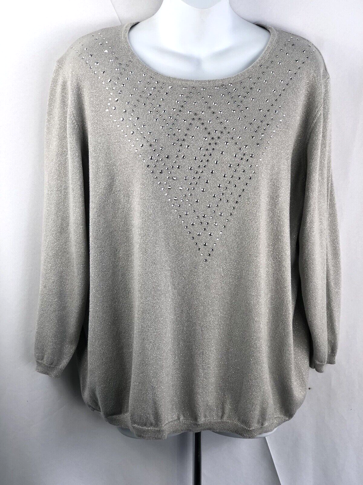 Alfred Dunner XL Gray Long Sleeve Sweater with Silver Stud and Glitter Bead Details