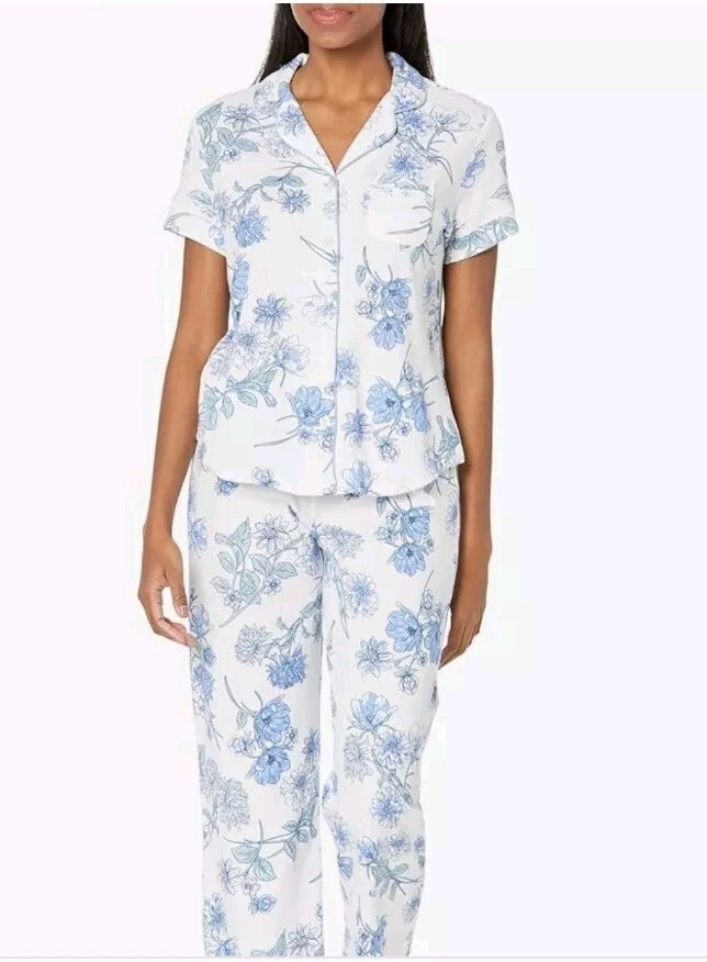 LOFT Women's PJ L Notch Ladies Collar Capri Sleep Pajama Set Blue Floral Size L