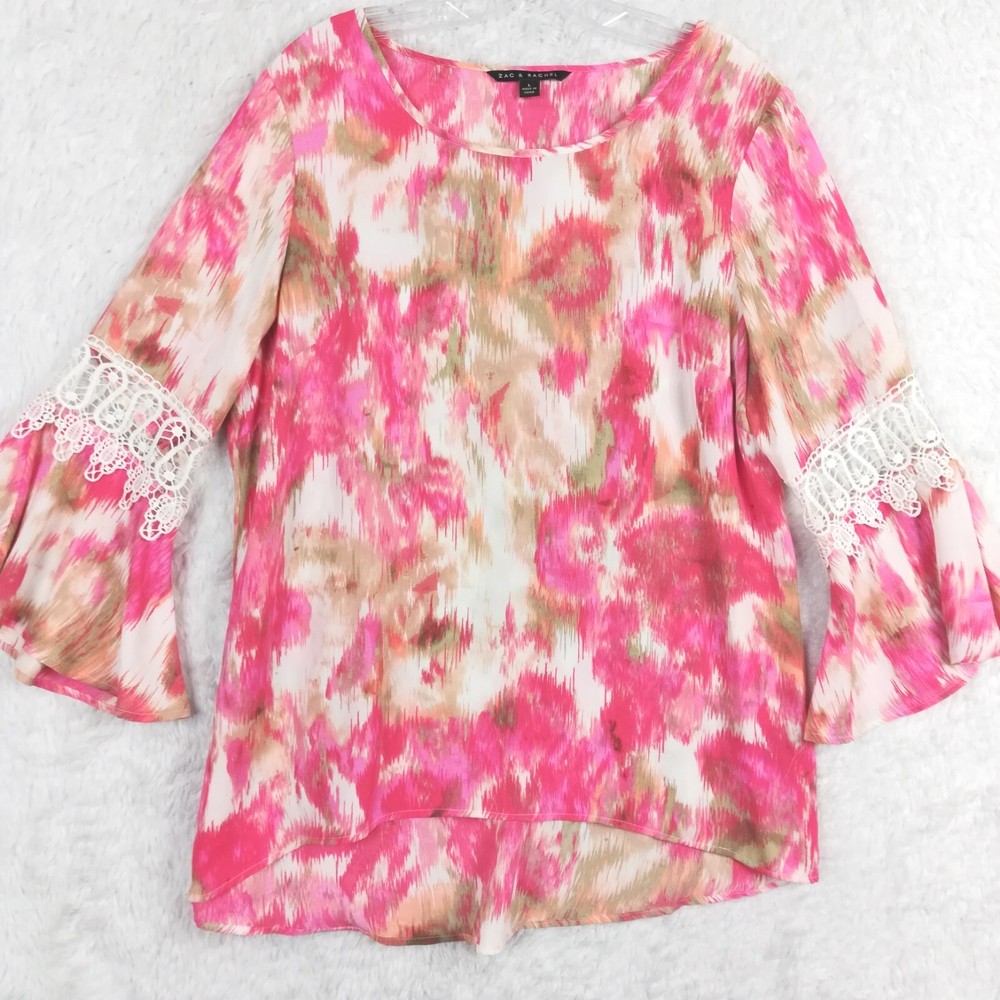 Zac & Rachel Womens Boho Blouse with Abstract Pink Lace Cutout and Bell Sleeves-image
