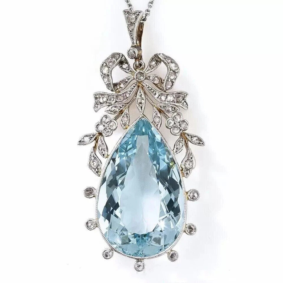 Victorian 3.5Ct Pear Aquamarine Simulated Pendant in 14K White Gold with Free Chain