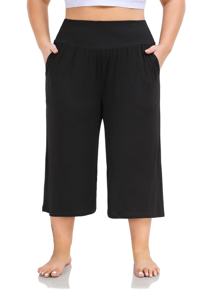 Women's Plus Size Wide Leg Capris High Waist Yoga Pants Casual Loose Lounge P...