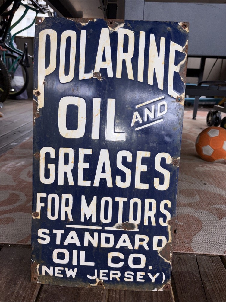 Old Polarine Oil And Greases Porcelain Sign 22” x 12”