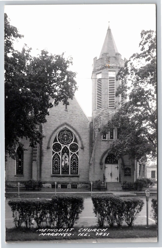 RPPC~Marengo Illinois~Methodist Church Bldg Street View~Real Photo Postcard