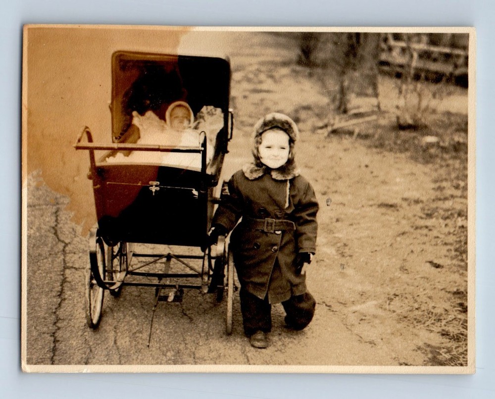 Old Vintage Photo GIRL AND BABY IN STROLLER CARRIAGE PRAM FOUND PHOTOGRAPH