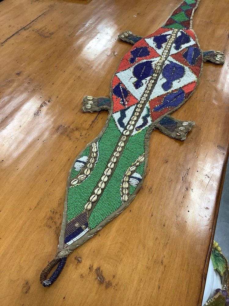 Yoruba Nigeria African Bead Hand Made Crocodile Wall Decoration Lizard 46”