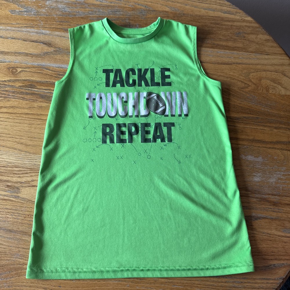Tek Gear Boys Sleeveless T Green Size Large 14/16 Tackle Touchdown Repeat
