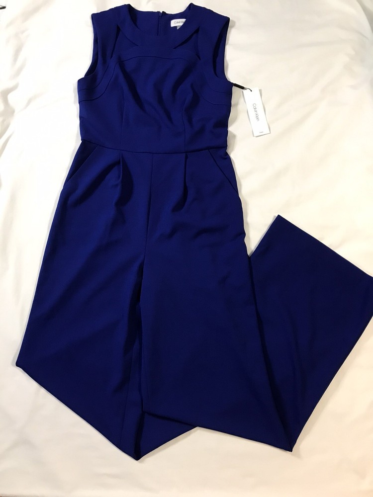 Calvin Klein Jumpsuit Womens Size 4 Blue Pockets Zipper Wide Leg