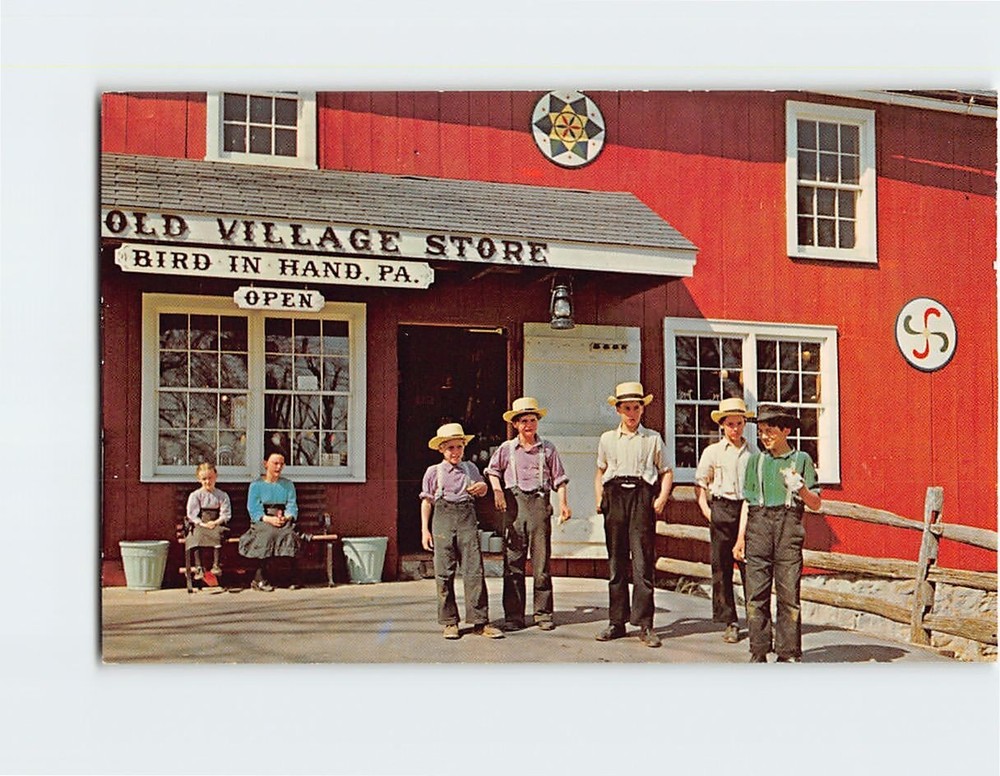 Postcard Amish Children in front of The Old Village Store Bird-in-Hand PA